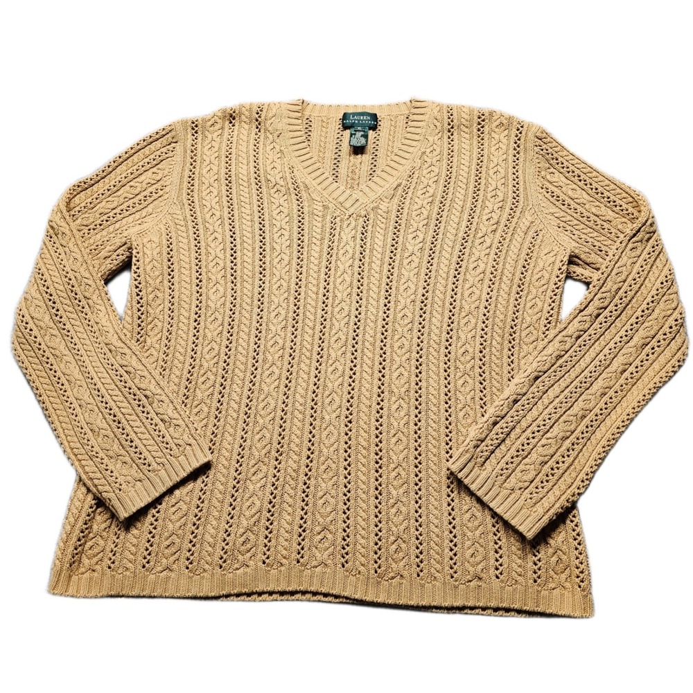 Lauren Ralph Lauren Sweater Womens XL Beige Stretch Cable Knit V-Neck Pullover